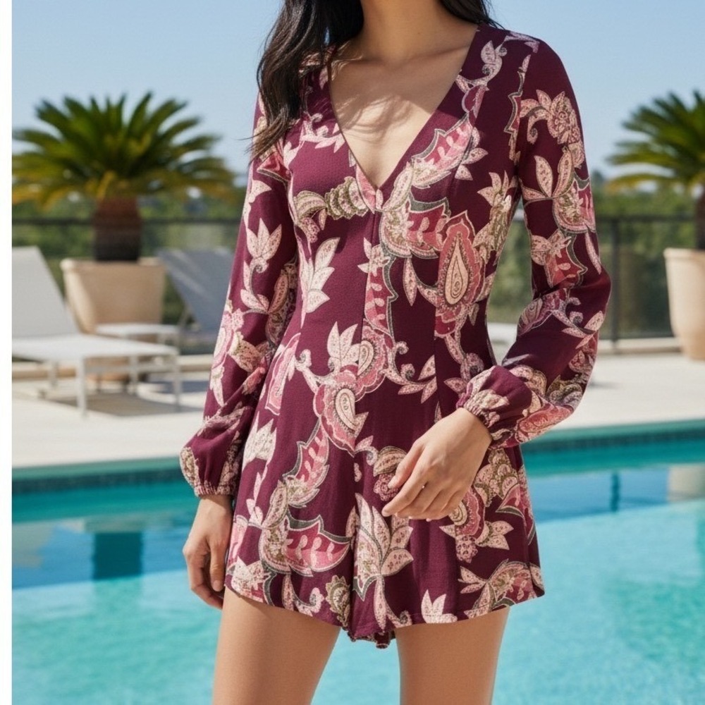 Show Me Your Mumu Bailey Tie Back Romper Paisley Burgundy Boho V Neck Size XS